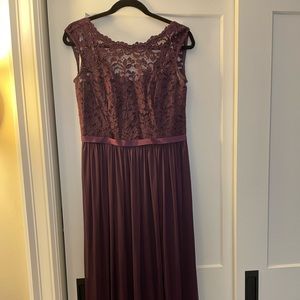 Davids Bridal Plum bridesmaid dress. Style F19328